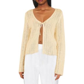 Saodimallsu المرأة الصيفية الكروشيه Cardigans خفيفة الوزن ربطة عنق الشبكة الأمامية متماسكة الأكمام الطويلة عارضة خام