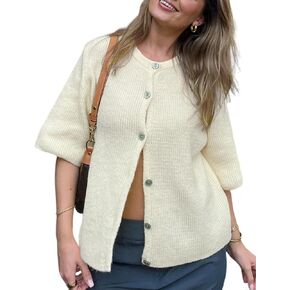 Wyeysyt Womens Cropped Knitted Cardigan Y2K Short Sleeve Button Down Sweater Cardigan Shirt Casual Solid Color Ribbed Outwear