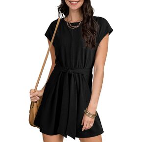 Dokotoo Women's Summer Short Sleeve Waffle Knit Romper Belt Jumpsuits with Side Pockets
