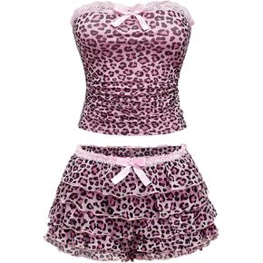 Women's 2 Piece Outfits Y2k Leopard Print Lace Ruched Bandeau Tube Crop Top and Mesh Tiered Layer Ruffle Micro Shorts