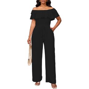 Bdwinz Off Shoulder Summer Jumpsuits for Women Elegant Ruffle Hem Rompers Wide Leg One Piece Casual Outfits for Women in Saudi Arabia
