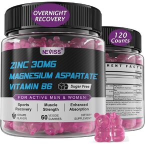 Zinc and Magnesium Supplement, Zinc Magnesium Aspartate Post Workout Gummies for Men Women, w/Vitamin B6, B12, D3, Turmeric for Nighttime Muscle Recovery, Boost Immunity & Sleep, Sugar Free, 120 Cts