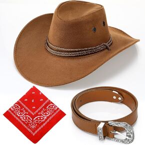 Haysandy Men Men Cowboy Assume Hat مع Bandana Bandana Bandana Cowboy Cowgirl Hat Wide Cowgirl Brim Assume