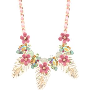 Betsey Johnson Palm Leaf Detive Necklace مع الزهور الوردية ، لهجات كريستال ، نغمة ذهبية