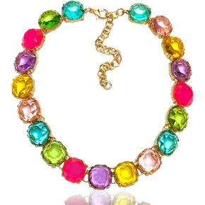 Statement Prom Necklace Colorful - Chunky Rhinestone Collar with Multicolor Resin & Gold Chain, Graduation Gifts, Sparkling Summer Costume Jewelry for Women
