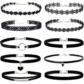 YOKER 10 Pcs Black Necklaces for Women Adjustable Layered Velvet Choker Set Classic Gothic Tattoo Lace Chokers