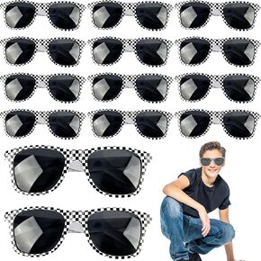 15 Pcs Race Car Checkered Sunglasses Bulk White Frame Black Checker Sunglasses for Adults Racecar Party Favor Supplies Summer Pool Beach Accessories