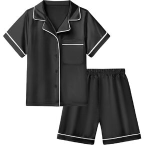 LQSZ Girls Pajamas Set Satin 2PCS Sleepwear 3-10 Years Kids Silky Button-Down Nightwear