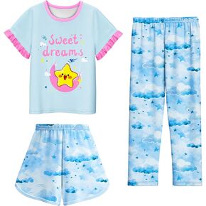 LQSZ Girls Pajamas Set 3 Piece Princess Short Sleeve Sleepwear Summer Kids Pjs Set