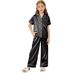 Arshiner Girls Pajamas Silk Satin Button Down Pjs 2 Piece Short Sleeve Sleepwear Set in Kuwait