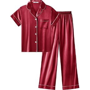 Arshiner Girls Pajamas Silk Satin Button Down Pjs 2 Piece Short Sleeve Sleepwear Set