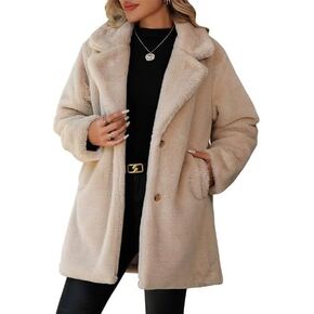 Women's Faux Fur Long Coat Button Down Lapel Fleece Sherpa Jacket