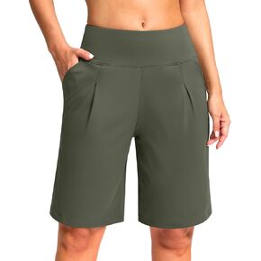 SANTINY Bermuda Shorts for Women Knee Length 9" High Waisted Pleated Casual Long Shorts with Pockets Walking Workout Athletic