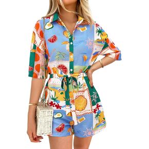 PRETTYGARDEN Womens Rompers for Summer 2025 Beach Vacation Clothes Short Sleeves Floral Jumpsuits Beach Cover Up