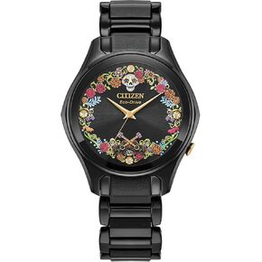 Citizen Women's Eco-Driv Disney Coco Sugar Skull, 3 Hand Black Stainless Steel Bracelet Watch (EM1175-51W)