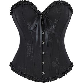 Women Classic Black Corset Top Floral Renaissance Lace Up Boned Overbust Corset Bustier