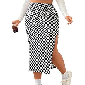 WDIRARA Women's Plus Size Checkered Ruched Midi Skirt High Waist Split Thigh Pencil Skirts