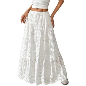 تنفق الكشكش المتدفق للسيدات خطًا يتنورات Maxi Maxi مرنة الخصر الأنيقة ذات الطبقات الطويلة بوهو طويلة