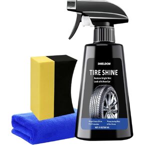 Tire Shine Spray High Gloss Tire Coating Wet Look Dressing for Black Tires & Rubber with Applicator Pad & Towel | Non-Greasy, UV Protection Safe for Cars, Trucks, Motorcycles, RVs - 9oz/260ml