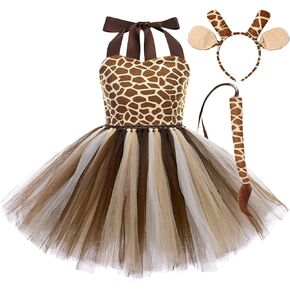 IWEMEK Girls Jungle Themed Cosplay Dress Animal Cosplay Tutu Dress Halloween Christmas Birthday Party Outfit 3pcs with Ears Headband Tail Accessories Baby Girl Fancy Dress Up Giraffe 1-2 Years