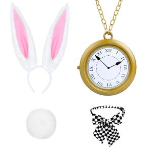 4 PCS White Rabbit Costume Accessories,Bunny Ears Headband and Tail Bow Tie Clock Necklace for Adult Kids Easter Halloween Dress Up