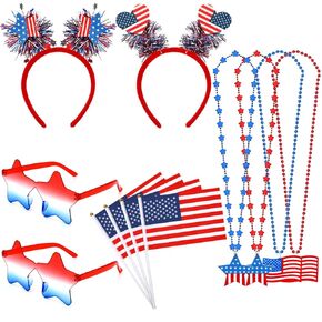 NOVWANG 12Pcs Patriotic Party Accessories Independence Day Decorations Include 4th of July Headbands Star Sunglasses Necklaces and Flags for Red White Blue Party Favors and Memorial Day Supplies