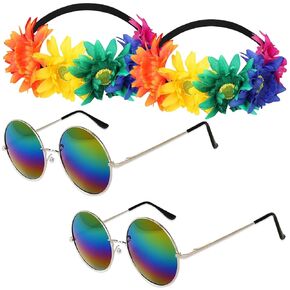 Gay Lesbian Bisexual LGBTQ Couples Rainbow Set-2Pcs Rainbow Sunglasses and Sunflower Headband Flower Crown Decorations Colorful Pride Outfits Accessories for Women Men Pride Month Jewelry Gifts