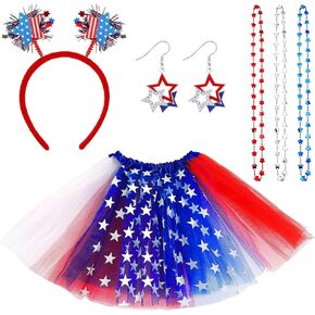 NOVWANG Fourth of July Women Tutu Accessories, Red White and Blue Patriotic Headband Earrings Necklaces for Independence Day Decorations 80s Halloween Party Favors