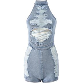 Womens 2023 Summer Fashion Backless Denim jumpsuit Ripped Jean Romper High Waist Casual Overalls