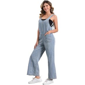 Allegra K Denim Bib Overalls for Women Casual Baggy Wide Leg Pants Jumpsuits with Pockets