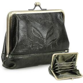 Full Grain Leather Kiss Lock Coin Purse for Women Fox Embroidery Coin Pouch Vintage Kiss Clasp Card Holder Small Change Purse (Dark Green)