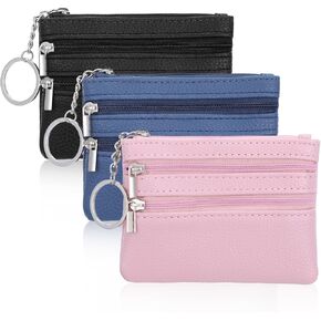 DIVINA VITAE 3 Pack Leather Coin Purse for Women Small Change Purse Women's Coin Purses & Pouches Zipper Coin Purse Mini Pouch Change Wallet with Keychain for Women and Men