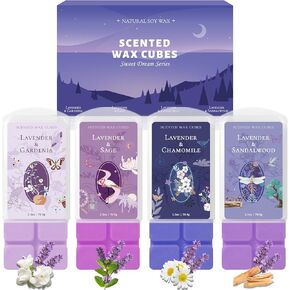 SCENTORINI Wax Melts, Wax Cubes Strong Scent, Long Lasting Lavender Scented for Sleep, Wax Melts for Warmer, 2.5 oz 4-Pack - Lavender & Gardenia, Sage, Chamomile, Sandalwood