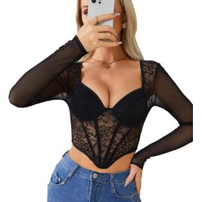 Semi Sheer Lace Long Sleeve Top V Neck Bustier Underwire Women's Lingerie Open Back Corset Bodyshaper Crop Top