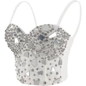 ELLACCI Sexy Glass Mirror Diamond Bustier Crop Top Push up Corset Top with Detachable Straps
