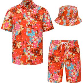 Mens Hawaiian Shirts and Shorts Set 2 Pieces Beach Outfits Summer Vacation Tropical Suit with Bucket Hats