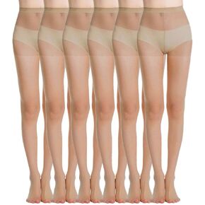 MANZI 6 Pairs Women's 20D Sheer Silky Pantyhose Run Resistant Nylon Tights High Waist Stockings with Control Top