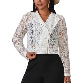 WDIRARA Women's Plus Size Floral Lace Sheer Layered Asymmetrical Zip Up Lapel Elegant Boho Jacket
