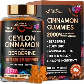 Ceylon Cinnamon Gummies 2000 mg - Berberine | Turmeric | Ashwagandha | Bitter Melon | Psyllium - Metabolism, Energy & Heart Support for Men & Women - Sugar-Free, Natural Berry Flavor - 60 Gummies