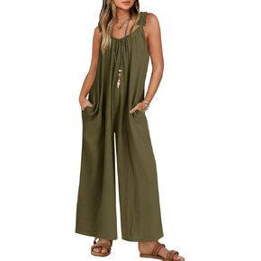 ZESICA Women's Sleeveless V Neck Jumpsuits Summer Casual Loose One Piece Overalls Oversized Wide Leg Rompers with Pockets