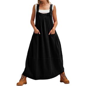 Yeokou Womens Overall Dress Cotton Barrel Midi Travel Dress Loose Fit Adjustable Straps Big Pockets Jumpsuits in Kuwait