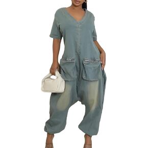 Women's Baggy Cargo Denim Jumpsuit Short Sleeve V Neck Loose Distressed Wide Leg Romper Overalls with Pockets