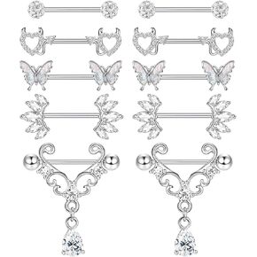 5 Pair 14G Nipple Piercing Jewelry Nipple Rings Surgical Steel for Women Nipple Rings 14 Gauge Stainless Steel Rose Butterfly Evil Heart Shaped Silver Cute Nipple Piercing Jewelry Non Tarnish
