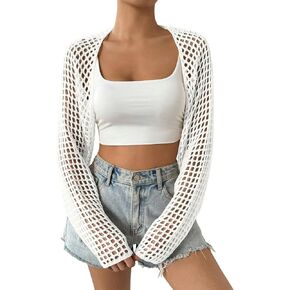 Women's Lightweight Crop Cardigan Crochet Knit Long Sleeve Bolero Shrug Sweater
