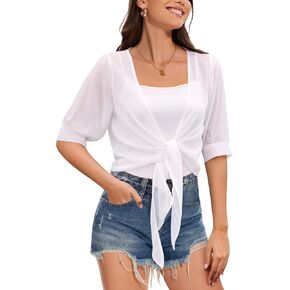 Women Shrug Cardigans Soft Chiffon Summer Tops 3/4 Sleeve Lightweight Cropped Cardigan Tie Front Bolero for Dresses