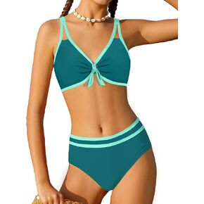 Girls Swimsuits Two Piece Cute Bunny Knot Bikini Set Cutout Straps Color Block Welt Girls Bathing Suits for 9-16 Years