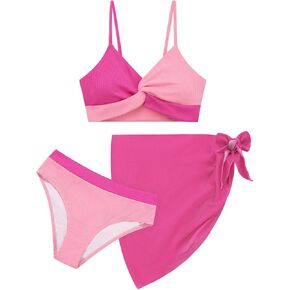 Weixinbuy Girl's 3 Piece Girls Swimsuit,V-Neck Twist Cross Bikini Set Swimwear 9-16Y Teen Bathing Suit with Cover Up Skirt