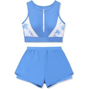 Girls Swimsuit Color Block Zipper Front 2 Piece Bathing Suit with Liner Bodyshort Sporty Girls' Swimwear 9-16T