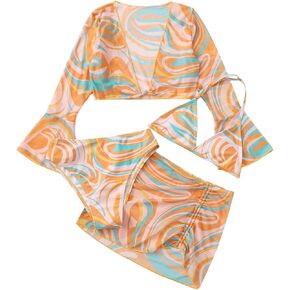 Shenhe Girl's 4 Piece Swimsuits الرخام مثلث طباعة الرسن البيكيني مع كيمونو وتغطية تنورة لأعلى