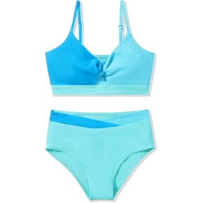 Girls Swimsuit Color Block Twist Bathing Bikini Suit Adjustable Straps Girls 2 Piece Swimsuit 7-14 Years
